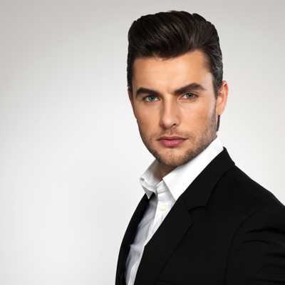 Men's short dark hair swept back